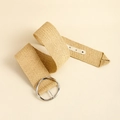 Detail view of khaki straw woven belt with round silver metal buckle for summer fashion - Round Metal Buckle (19625)