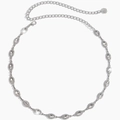 Detail of silver-tone chain belt with crystal marquise elements and rose charm pendant - Silver