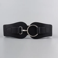 Women's vintage black wide elastic waist belt featuring a large silver metal ring buckle - Black Silver