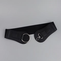 Detail of black elastic wide waist belt featuring silver metal ring buckle and lobster clasp - Black Silver