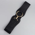 Women's minimalist black wide waist belt with golden ring buckle and elastic band - Black Gold