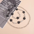 Catena da vita in argento con fiori in smalto nero e strass su una rivista - Stile Fiore di Prugno (HY003) / Nero