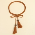 Braided tan rope waist belt with tassel ends and bronze fleur-de-lis metal charms - Brown with Fleur-de-lis Pendant