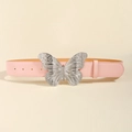 Detail of a pink punk belt featuring a large silver metallic butterfly buckle on a smooth surface - Pink