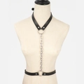 Bodychain im Punk-Stil mit schwarzem Lederhalsband und silbernen Metallgliedern - Schwarz
