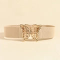 Elastic beige waist belt featuring a hollowed-out golden butterfly buckle for dresses - Khaki Gold