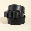 Minimalist black leather belt with large square buckle and lychee texture for women - Black