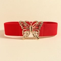 Elastic red waist belt for women with large golden butterfly buckle and texture - Rose Gold Red