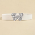 Elastic white belt for women with shimmering silver butterfly rhinestone buckle - White Silver Buckle