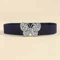 Navy blue elastic waist belt featuring a sparkling rhinestone butterfly buckle - Blue Silver Buckle