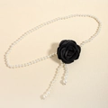 Catena da vita in perle con rosa di raso nero e nappa per abiti eleganti da donna - Fiore nero