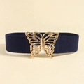Elastic navy blue waist belt with a large hollowed golden butterfly buckle - Blue Gold
