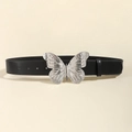 Ceinture tendance en cuir noir avec une grande boucle en métal papillon argenté pour femme - Noir
