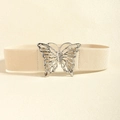 Elastic beige waist belt for women featuring a decorative silver metal butterfly buckle - Beige Silver