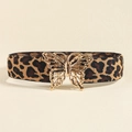 Elastic leopard print waist belt for women with a large gold hollow butterfly buckle - Gold Leopard Print