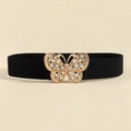 Women's black elastic waist belt with sparkling golden rhinestone butterfly buckle - Black Strap Gold Buckle
