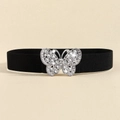Elastic black waist belt for women featuring a sparkling rhinestone butterfly buckle - Black Strap Silver Buckle
