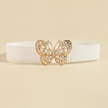 White elastic waist belt with sparkling rhinestone butterfly buckle in gold finish - White Gold Buckle