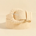 Cintura in paglia intrecciata beige da donna con grande fibbia rotonda e ardiglione in metallo - Fibbia Intrecciata Rotonda (19700)