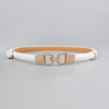 Detailed macro view of white PU leather skinny belt with a gold D-shaped metal buckle - 19515 White