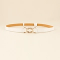 Elegant thin white leather belt for women featuring a polished gold double ring buckle - 19330 White