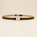 Elegant adjustable black slim leather belt for women featuring a gold metal buckle - 19338 Black