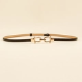 Elegant thin black leather waist belt for women with a gold metal horsebit buckle decoration - 19309 Black