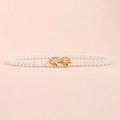 Elastic white pearl waist chain with golden floral metal buckle for elegant dresses - Two Golden Flowers (19375)