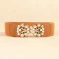 Fashionable brown elastic waist belt for women with golden pearl leaf buckle detail - Pearl Bow Camel (19677)