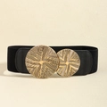 Cinturón elástico negro para mujer con hebillas de metal circular dorado texturizado - Textura de Resplandor Solar Radial (19716) / Negro