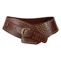 Ceinture large en cuir marron avec clous en laiton vintage et boucle en métal - Bronze Marron Rouge
