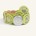 Detail of green leather bohemian belt featuring silver mandala embossed metal discs - Fluorescent Green With Silver Buckle