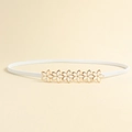 Women's white elastic skinny belt featuring elegant gold-trimmed floral metal buckle - White Flower Design (19345)