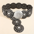 Ceinture punk vintage en cuir noir avec œillets argentés et une grande boucle ronde en métal - 105cm / Argent Noir