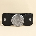 Vintage black elastic waist belt with engraved silver metal buckle and rivets - Antique Silver (19703)