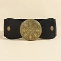 Vintage black elastic corset belt with a large bronze floral engraved round metal buckle - Antique Gold (19705)