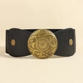 Elastic vintage black waist belt with a large bronze floral engraved round metal buckle - Antique Gold (19706)