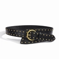 Dettaglio della cintura in pelle nera con doppia fila di borchie dorate e fibbia tonda vintage - Bronzo Nero