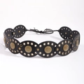 Detail of bohemian black leather belt with oval sun-patterned bronze metal plates - 814 Antique Bronze Black