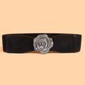 Schwarzer Damen Taillengürtel mit elastischem Band und silberner Rosen-Schnalle - 3D Rosenblüten Schnalle Schwarz (806)