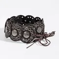 Vintage western rivet belt with brown round leather patches and embossed metal studs - 160cm / Thin Round Rope Style / Gunmetal Coffee