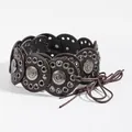Vintage western rivet belt with brown round leather patches and embossed metal studs - 160cm / Thin Round Cord / Gunmetal Coffee