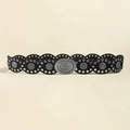 Western style black waist belt with hollow wavy circles and vintage floral buckle - 19660 Black Large