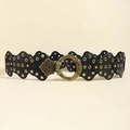 Wide black western waist belt with vintage baroque buckle and decorative metal eyelets - 19709 Black