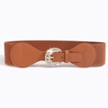 Brown elastic waist belt for women with rhinestone round buckle and golden pin - Camel