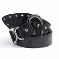 Detail of black crocodile texture belt with sparkling rhinestones and horseshoe metal buckle - 96cm / Black