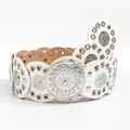 White bohemian rivet belt with mandala metal studs and circular leather patches - Shiny Silver White