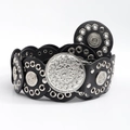 Bohemian style wide black leather belt featuring vintage silver sun-flower metal buckles - Black With Silver Buckle