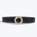 Black hollowed-out leather belt for women featuring a golden rhinestone round buckle - Black