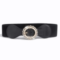 Elastic black waist belt with pearl and rhinestone encrusted round buckle for women - Black